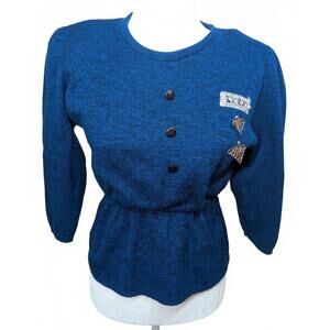 Vintage Women's Blue Long Sleeve Elastic Waist Retro Sweatshirt